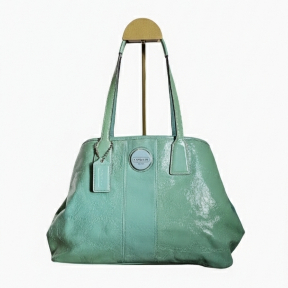 Coach 2011 F15658 Signature Stitched Patent Leather Framed Carryall Mint Green